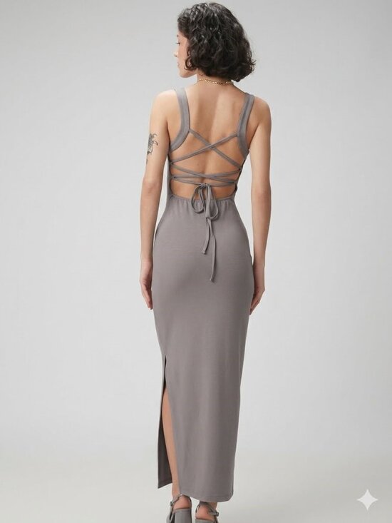 Dresses & Skirts - Grey Minimalist Midi Dress XS Square Neck Sleeveless Back Tie Cutout